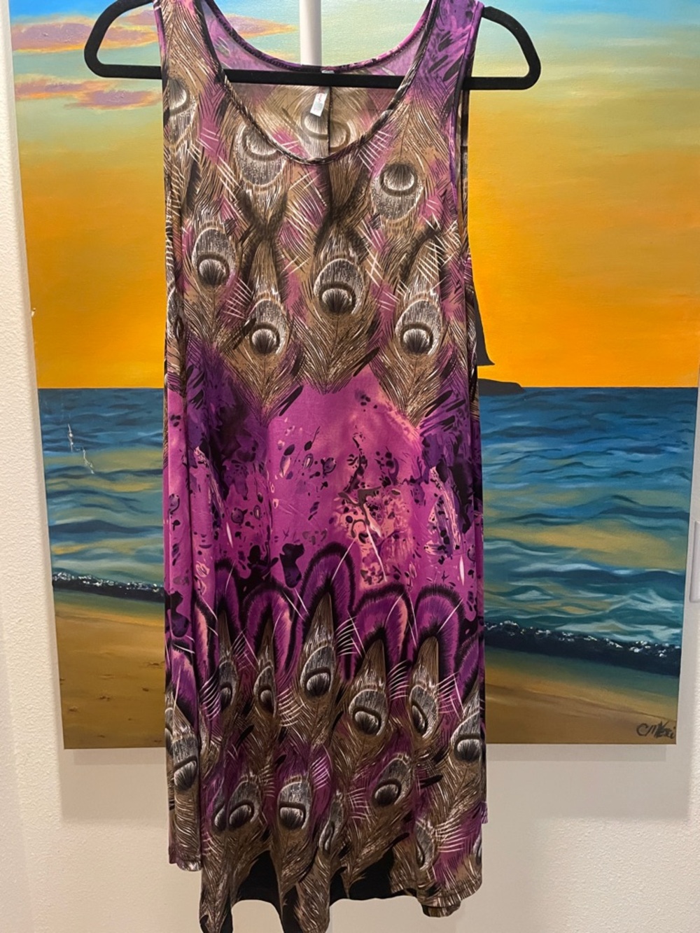 Peacock Feather Print Sleeveless Dress in Purple and Brown